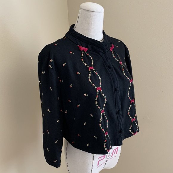 Vintage 50s Rosebud Pink Ribbon Embroidered Cardigan Jacket Rockabilly Pinup - Picture 1 of 12